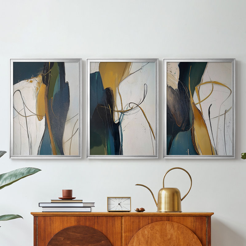 ABSTRACT Series DCxxi - Toile tendue avec châssis sur mesure - 3 pièces, H 19 po x l 27 po, Argent argent