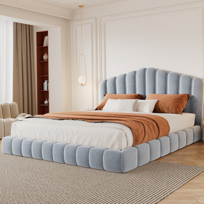 Velvet Upholstered Queen Bed Floor Bed Frame Shell-Shaped Headboard For Bedroom,No Box Spring Needed,Light Blue