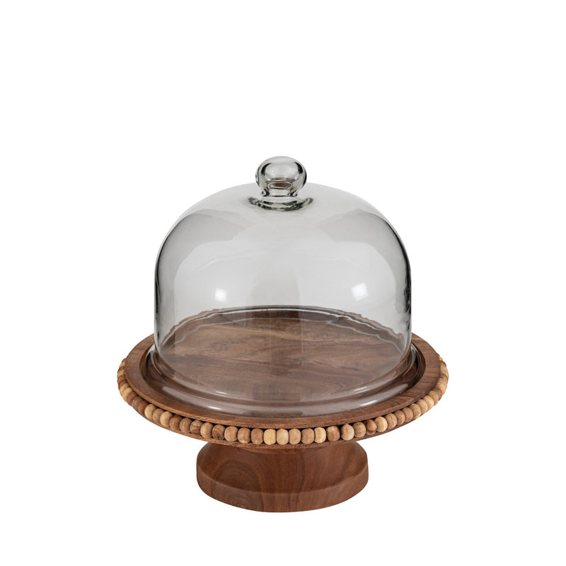 Assiette à gâteau avec pieds en bois d'acacia et dôme en verre