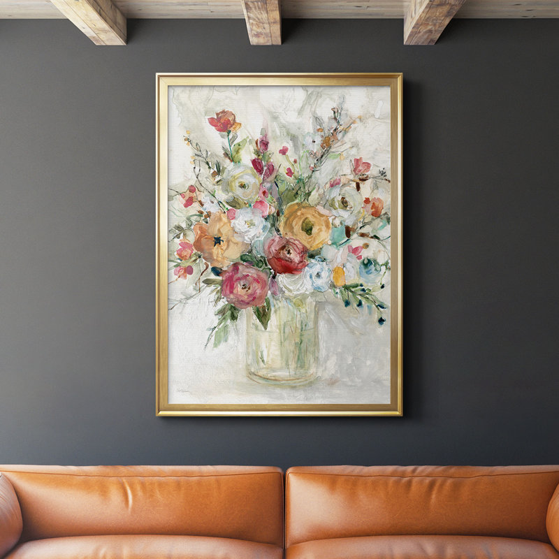 Toile contemporaine encadrée de qualité supérieure avec bouquet contemporain, Or, H 24,5 po x l 18,5 po