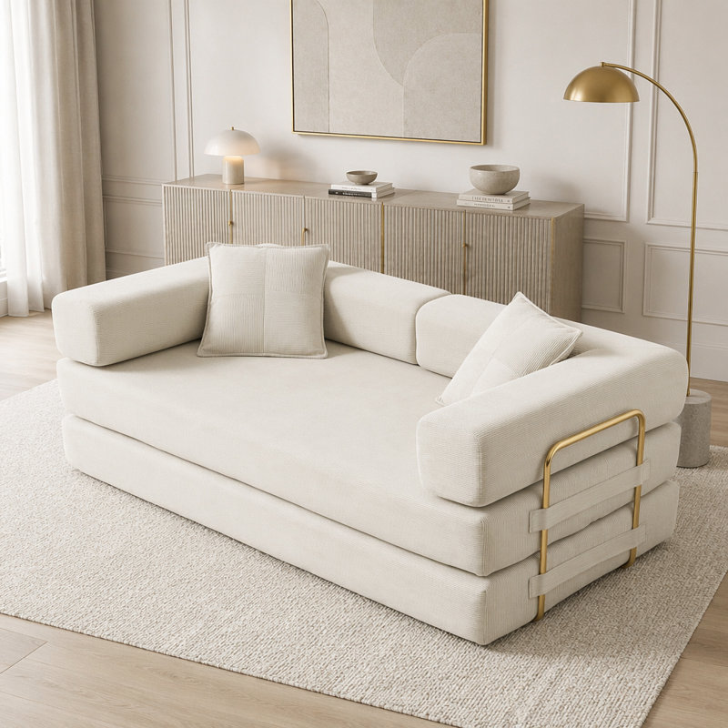 Canapé-lit modulaire en velours côtelé avec accoudoirs mobiles et sans assemblage, Beige Corduroy, Beige