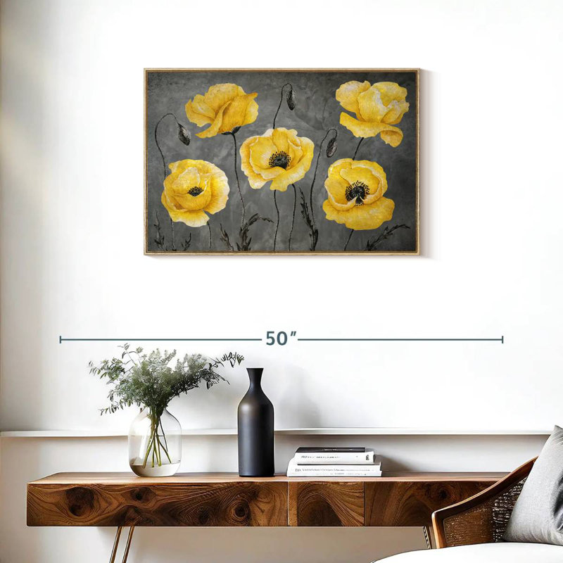 Coquelicots jaunes, Cadre flottant en bois naturel, 31 po x 21 po
