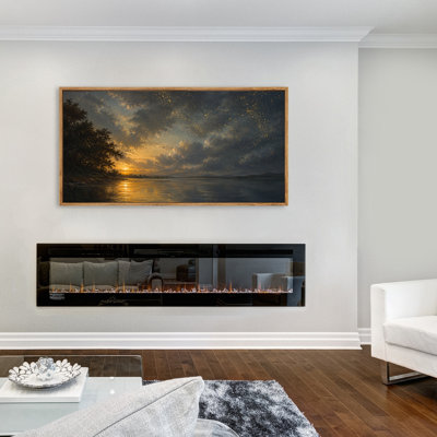 Framed Golden Fireflies Over Water Canvas Wall Art, Large Horizontal Nature Artwork for Living Room 60"W x 30"H
