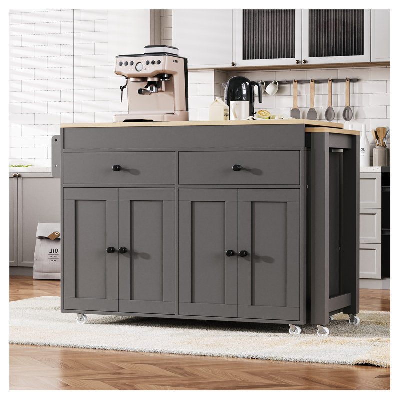 Îlot de cuisine gris avec table de salle à manger extensible, chariot de rangement de style campagnard avec finition érable