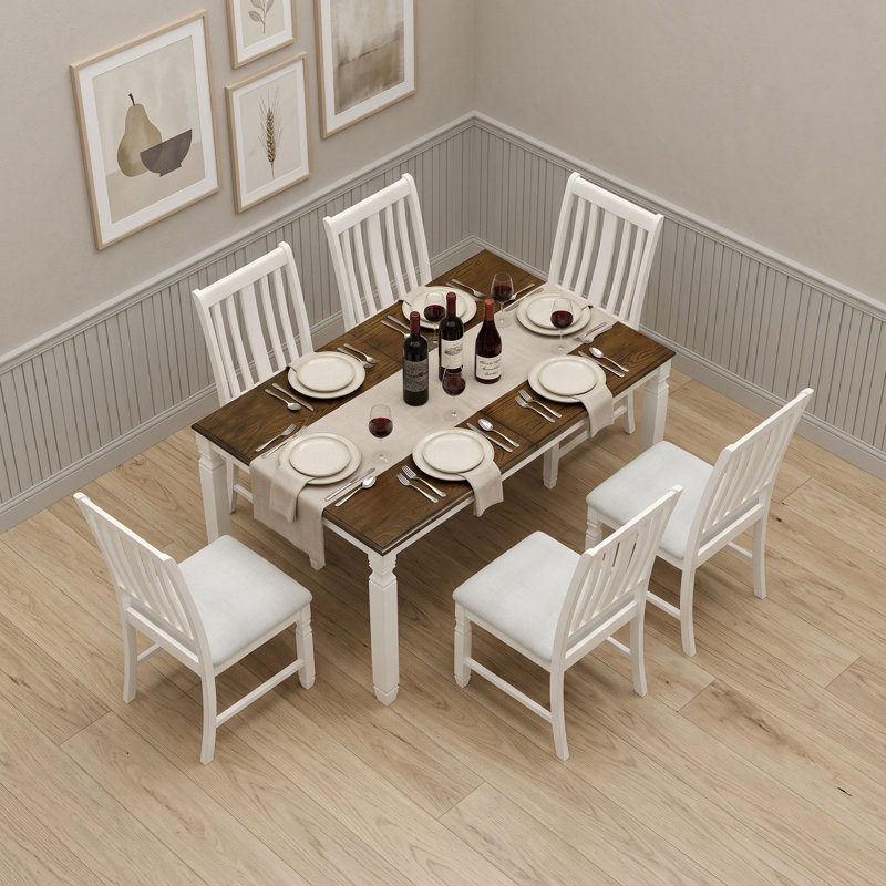 Ensemble de table de salle à manger extensible 7 pièces avec table rectangulaire et 6 chaises rembourrées à dossier en lattes