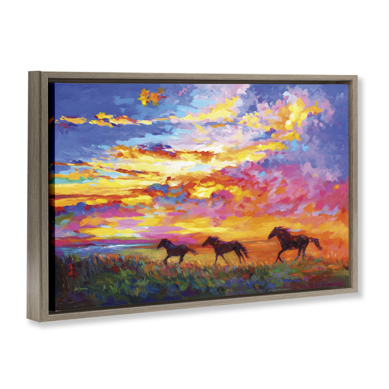 «Wild Horses At Sunset», toile flottante encadrée par Leon Devenice, Cadre flottant orme Montalcino, H 17 po x l 25 po