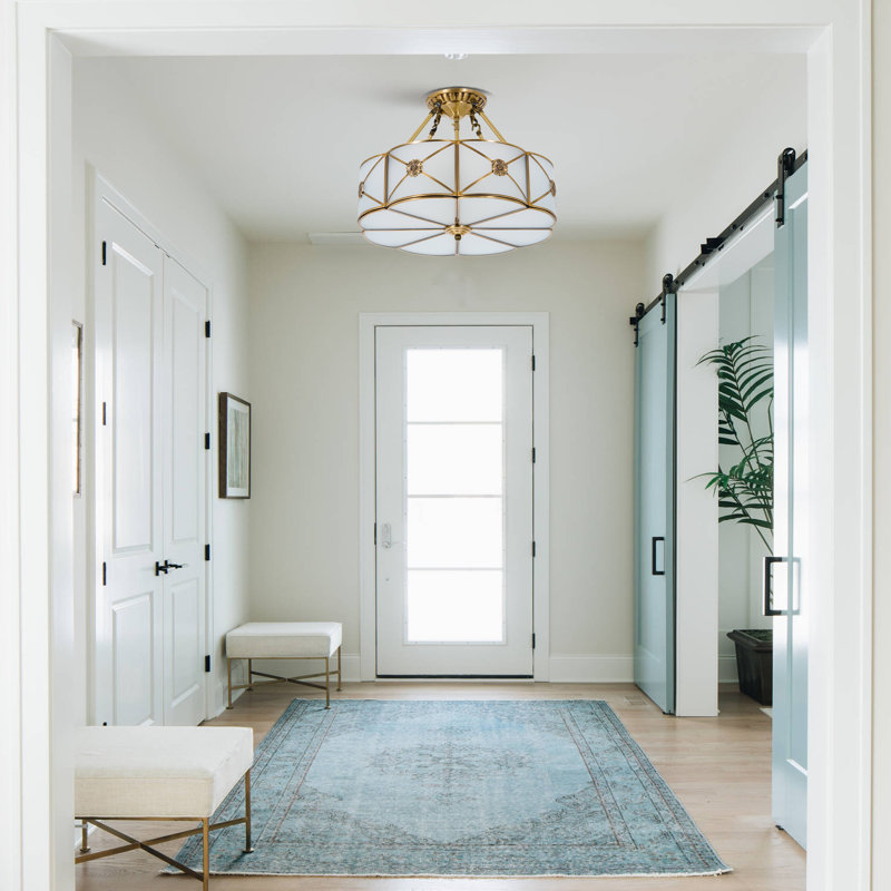 17.3" 4-Light Gold Semi-Flush Mount Chandelier with Glass Shade, E26 Ceiling Light, 14" H x 17" W x 17" D