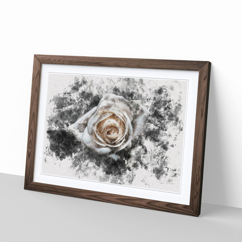 A White Rose Watercolour 1 Piece Single Picture Frame Wall Art on MDF, 62cm H x 87cm W x 2cm D, Walnut Framed