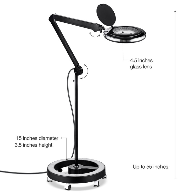 Pro 55 in. Industrial 3-Way Dimming 2.25X Magnifying LED Swing Arm Rolling Floor Lamp