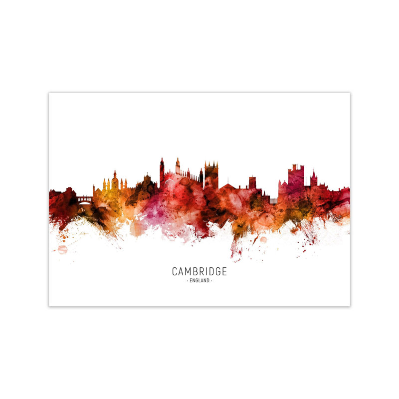 Cambridge England Skyline Red City Name by Michael Tompsett - Print, Unframed, 21cm H x 30cm W x 1cm D