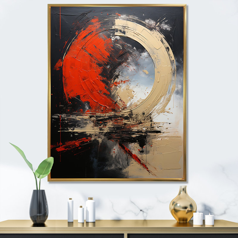 Red Moon Shapes - Art mural abstrait, Cadre flottant doré, H 32 po x l 24 po x P 1 po