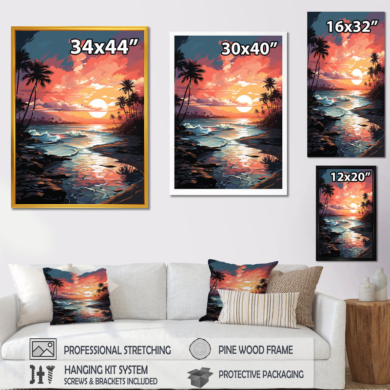 Orange coucher de soleil orange sur la plage I - art mural plage, H 32 po x l 16 po x P 1 po, Cadre flottant doré