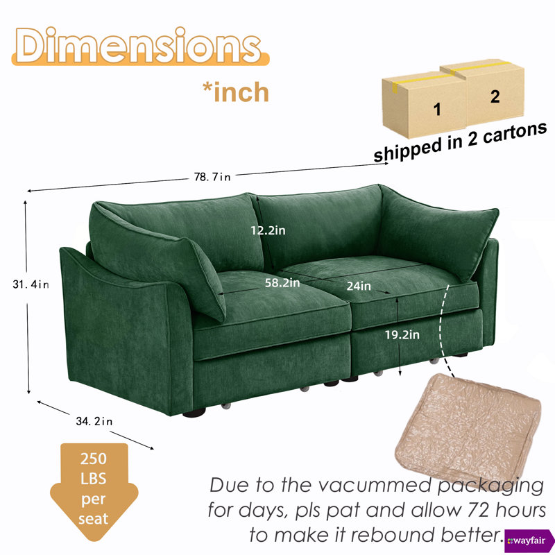 Geneveve 78.7"W Chenille 2 Seater Sofa With Pull out Storage Drawers Under Each Seat, Green Chenille