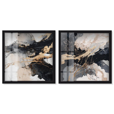 Ensemble de décoration murale « Gold Fracture Duet Shadowbox Print » noir et or par Art Remedy, cadre noir, 12 x 12