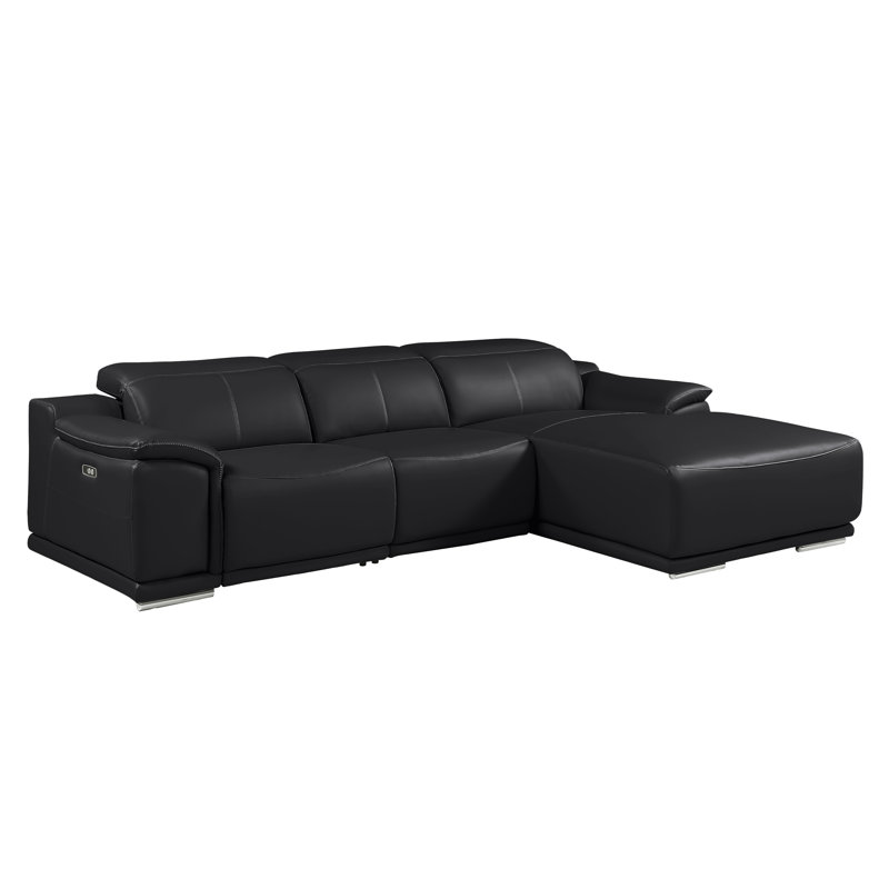 Canapé modulaire en forme de L 3 pièces en cuir véritable noir avec 2 fauteuils inclinables électriques et appuis-tête réglables NOIR