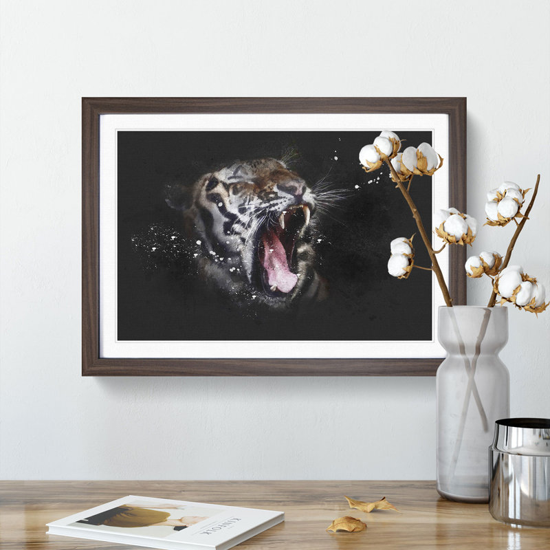 A Yawning Tiger - Single Picture Frame Print on MDF, 33cm H x 45cm W x 2cm D, Walnut Framed
