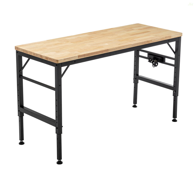 Établi à hauteur réglable, poste de travail robuste en bois d'hévéa de 60 po avec prises de courant, table de travail en bois franc d'une capacité de charge de 2000 lb pour atelier, garage, bureau, maison, commercial