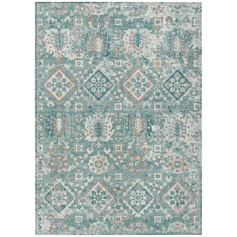 3' X 5' Pale Aqua And Copper Floral Medallion Washable Indoor Outdoor Area Rug