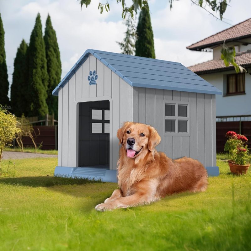 Niche pour chien 38 po en plastique pour l'extérieur avec niche pour l'extérieur, H 33,7 po x l 32,52 po x L 31,18 po, Bleu