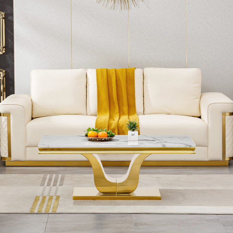 46.85" Coffee Table with White Marble Top, Modern Rectangular Faux Marble Coffee Table with Single U-shaped Stainless Steel Pedestal, Luxury Cocktail Center Table for Living Room Office