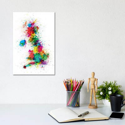 Great Britain Uk Map Paint Splashes by Michael Tompsett - Wrapped Canvas Painting