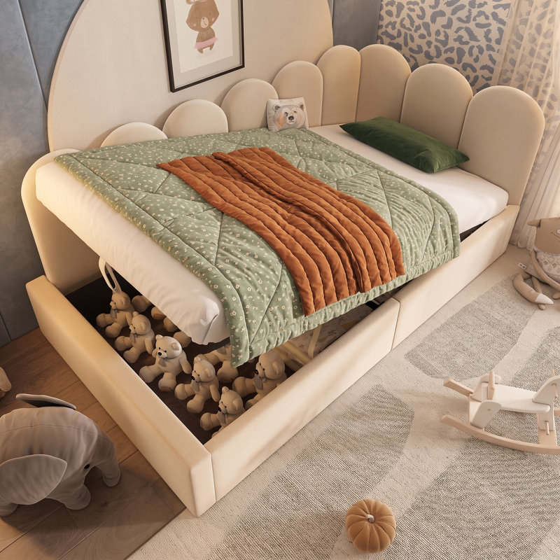 Upholstered Hydraulic Storage Bed, Beige