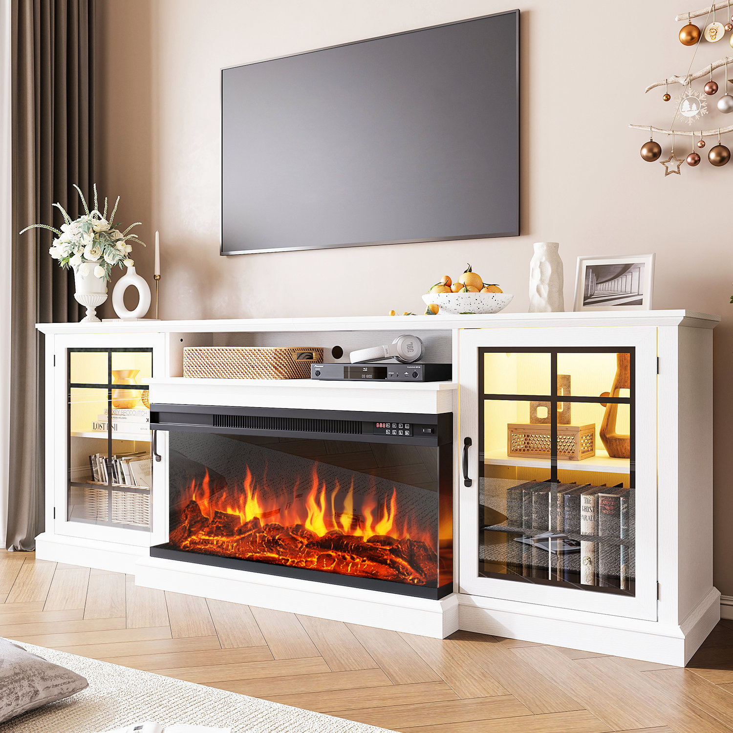 Gracie Oaks Farmhouse TV Stand with 36" Electric Fireplace and Glass Cabinet & Reviews | Wayfair
