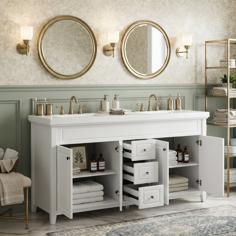 Meuble-lavabo double 60 po avec lavabo en résine 60 po et 3 tiroirs (blanc)