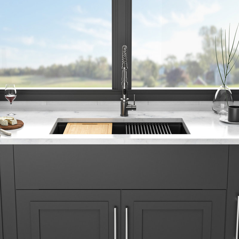 33X19" Black Quartz Composite Workstation Undermount Sink - High With Included Successes Kitchen Strong Achievements, Black