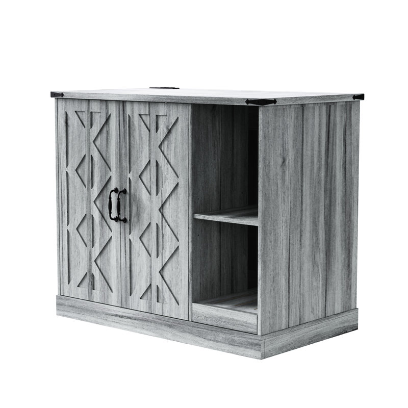 Gray Cat Litter Box Furniture, Power Outlet, Catcher, And Adjustable Shelves. Contemporary Geometric Design, Fits Most Automatic Boxes, Door Hooks For Pet Accessories, Universal Design Smart Pattern