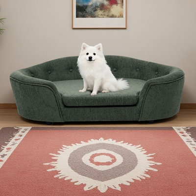 Canapé pour chien semi-fermé surdimensionné ovale surdimensionné - Matériau en lin durable, dossier capitonné, support central haut-bas et confort moelleux