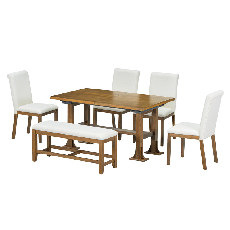 Ensemble de table de salle à manger extensible 6 pièces Farmhouse, Marron foncé, Brun foncé / Beige
