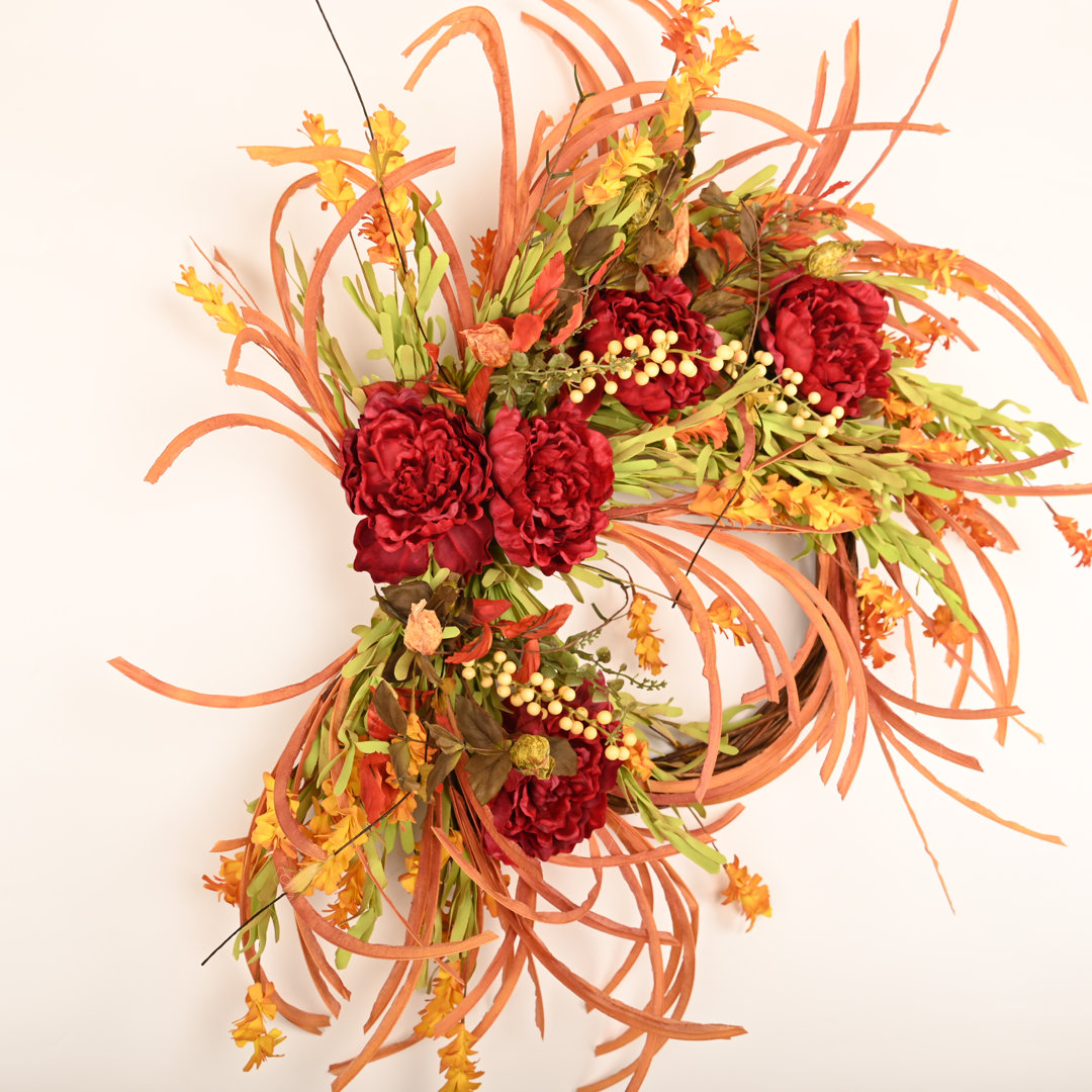 26" Fall Thanksgiving Day Peony Floral Wreath for Front Door Primrue Wreath