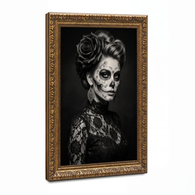 Woman With Sugar Skull Makeup And Large Black Halloween Canvas Wall Art