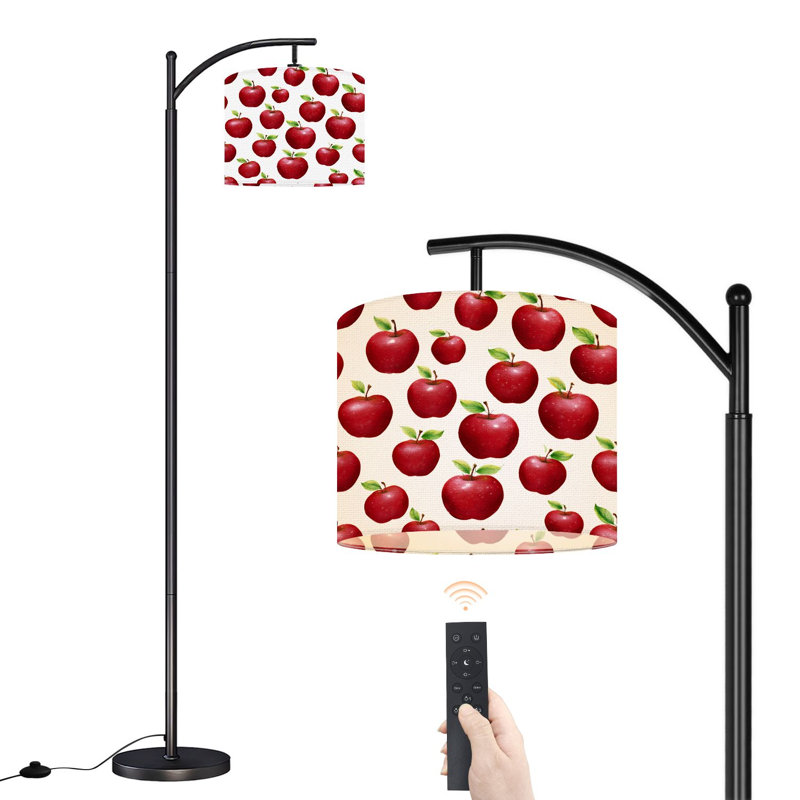 Arc Floor Lamp with Adjustable Lampshade Red Apples Green Leaves Standing Lamp 3 Color Temperatures Dimmable Tall Pole Lamp with Foot Switch for Bedroom