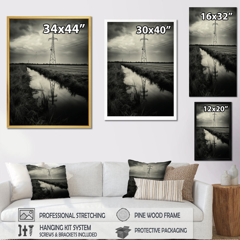 Lignes électriques noires et blanches Horizon II sur toile, Cadre flottant noir, H 40 po x l 30 po x P 1,5 po
