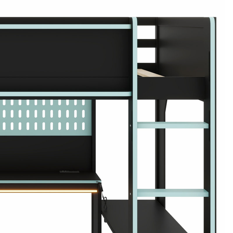 All-in-One Loft Bed with Desk, Lights & Charging Station, Black+Blue