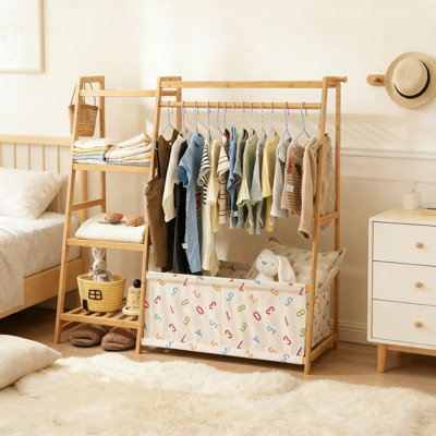 Portant à vêtements pour enfants avec tablettes à 5 niveaux et sac de rangement - Portant à vêtements en bambou