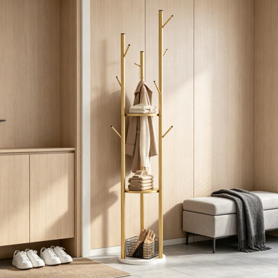 Freestanding Metal Coat Rack with Shelves and Marble Base, Gold Coat Tree with 9 Hooks for Scarves and Bags, Modern Coat Stand for Entryway, Living Room, Bedroom, Easy Assembly