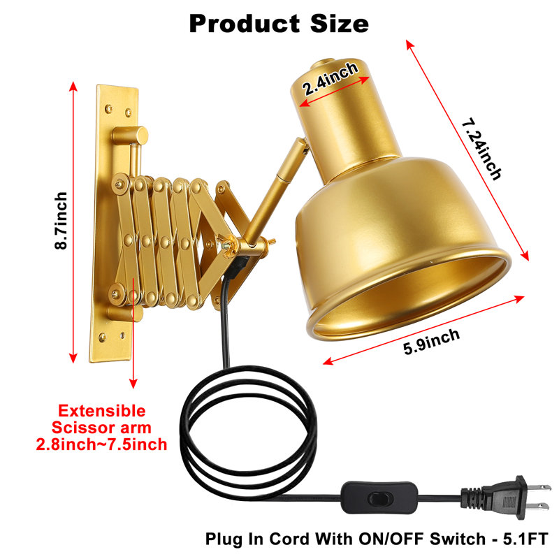 Modern Industrial Gold Plug in Wall Sconces, Vintage Swing Arm Wall Lamp for Living Room