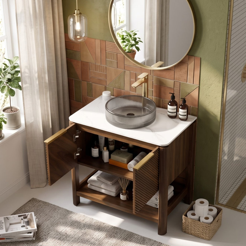Meuble-lavabo autoportant avec lavabo et portes rayées diagonales