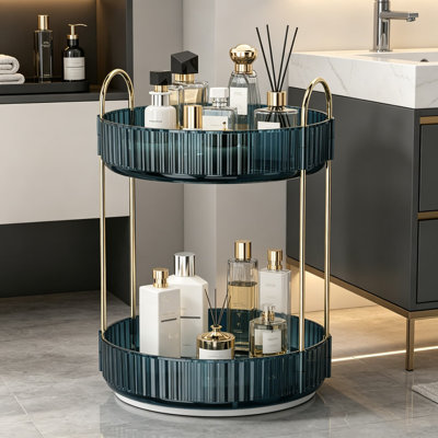 360-Degree Rotating Makeup Organizer for Vanity, 2-Tier Spinning Perfume and Cosmetic Holder for Countertop, Large Capacity Skincare Storage Rack with Gold Metal Frame, Blue