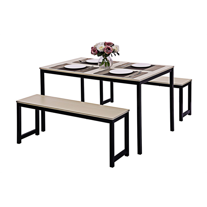 Ensemble de salle à manger 3 pièces avec deux bancs, Beige, Beige / noir