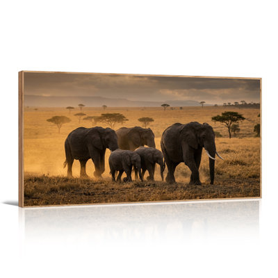 African Elephants Walking on Golden Savannah Canvas Wall Art