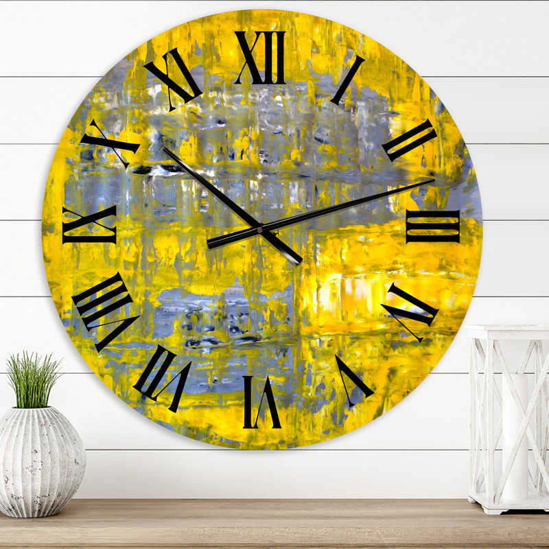 Jaune rencontre l'art abstrait gris I - horloge murale moderne, 23" H x 23" W x 1" D