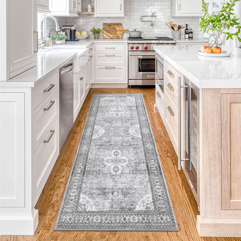 Tapis décoratif lavable à motif géométrique de bordure, Tapis de couloir 2 pi x 6 pi