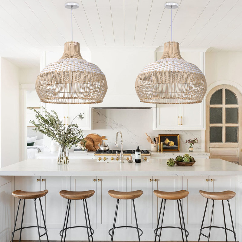 Calpella -Natural and White Rattan Light Pendant, 23.62" H x 23.62" W x 23.62" D