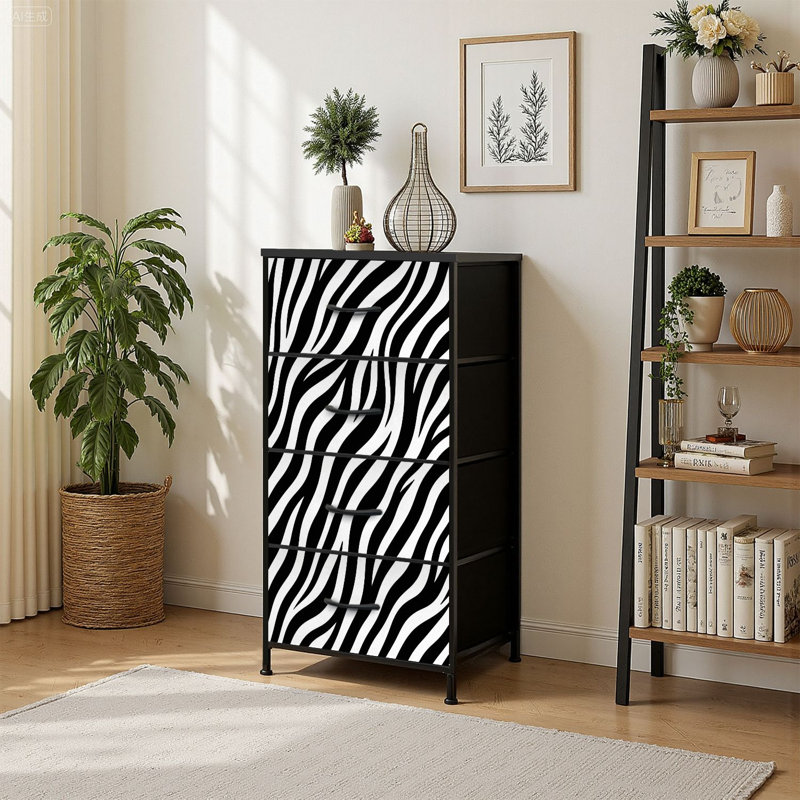 Petite commode à 4 tiroirs pour chambre à coucher à motif zébré noir et blanc