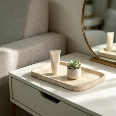 Plateau de coiffeuse en travertin naturel pour organisateur de commode, plateau de service décoratif de comptoir de salle de bain en marbre, porte-bijoux en pierre beige et porte-parfum pour le rangement de l'évier de cuisine
