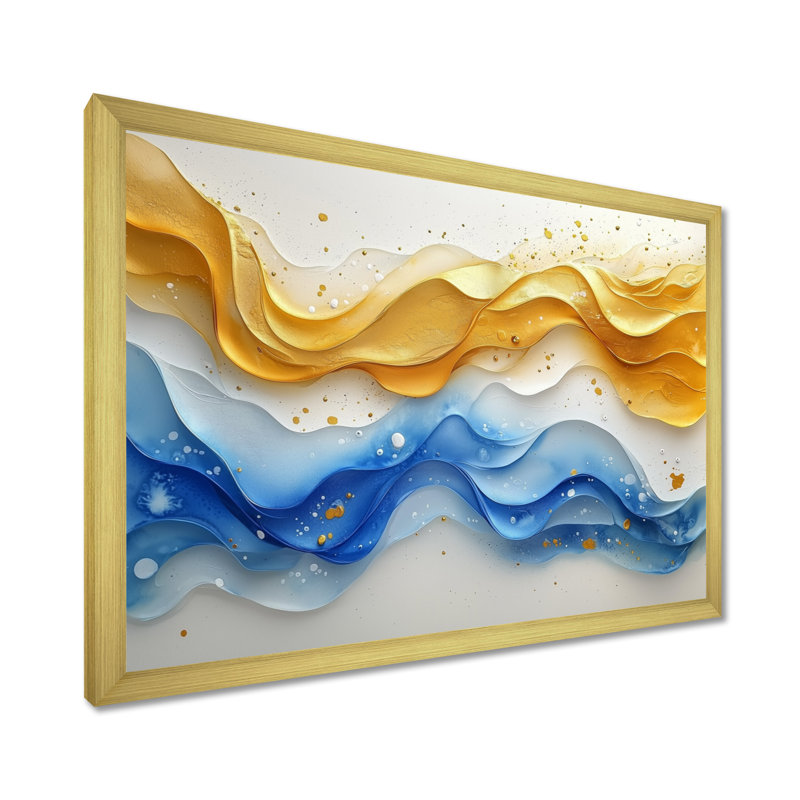 «Blue Yellow Dream Lines I - vagues côtières», art mural, Cadre simple, H 24 po x l 32 po, Doré